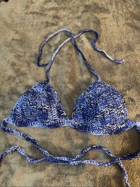 Hand-Knit Blue Marled Triangle Bikini Top
